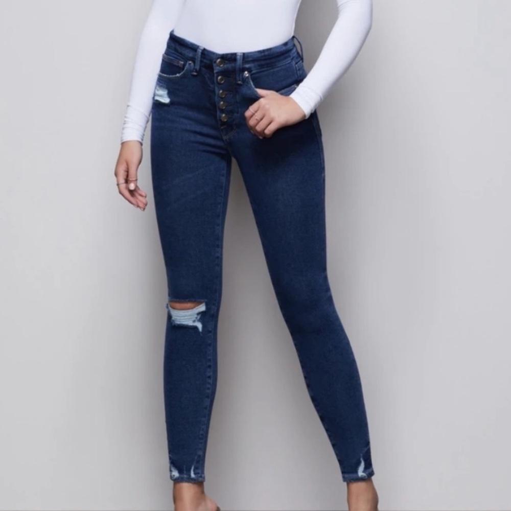 Good American Good Waist Button Fly High Rise Distressed Denim‎ Jeans